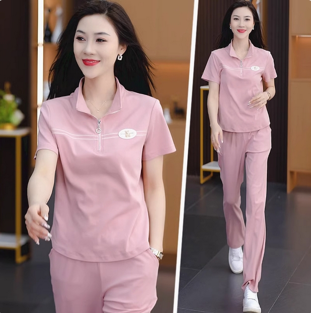 夏季休闲运动套装女2025新款时尚韩版短袖立领冰丝夏装显瘦两件套  