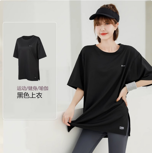 健身服女短袖夏速干过臀长款运动T恤女大码胖mm宽松瑜伽上衣纯色  