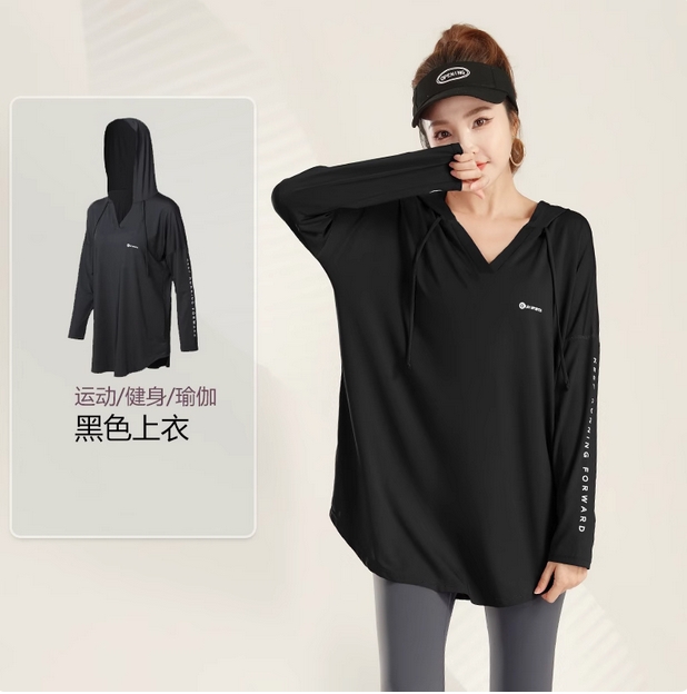 夏季运动上衣女连帽罩衫大码胖mm宽松长袖瑜伽服过臀款速干健身衣  