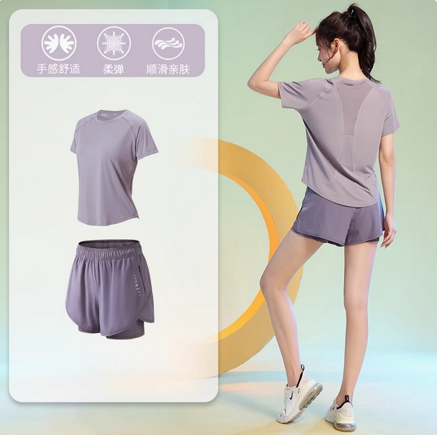 夏季薄款户外运动套装女健身宽松显瘦瑜伽服短袖弹力速干衣跑步服  