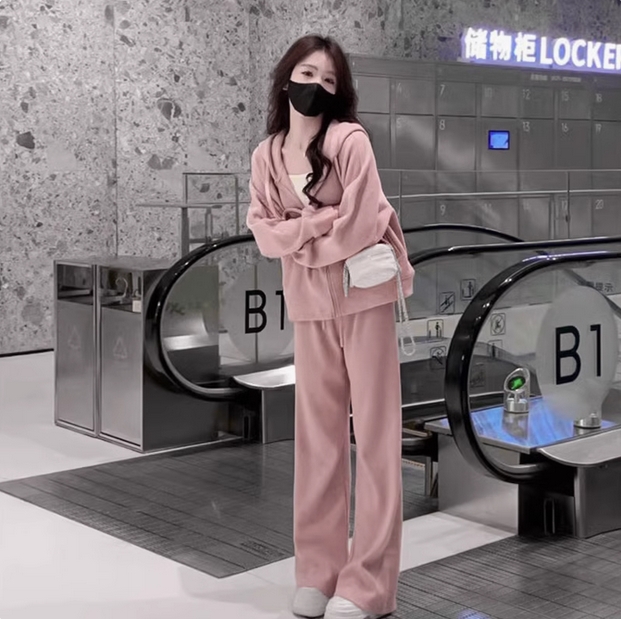 2025新款小个子奶系穿搭一整套女早春季粉色休闲运动卫衣两件套装  